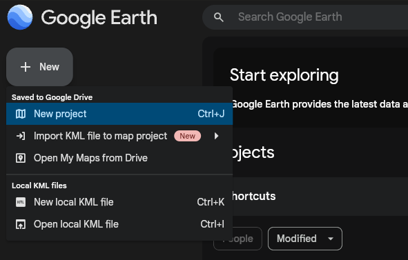Create new project on Google Earth